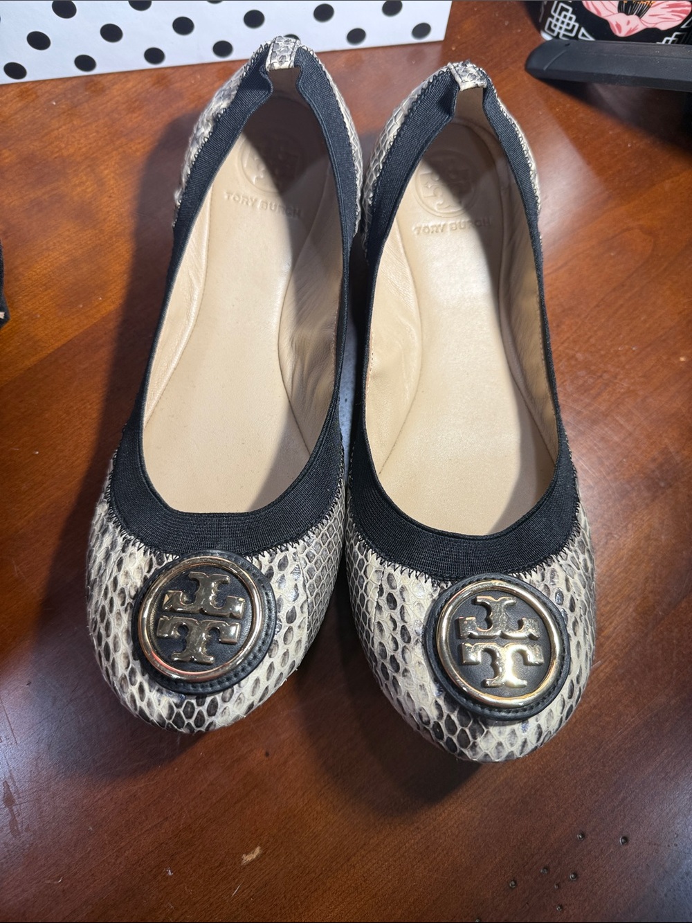 Tory Burch Snake-Print Ballet Flats in Beige and Black with Gold Logo